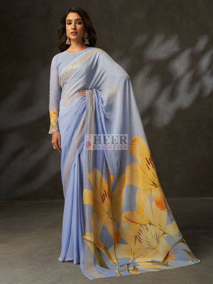 Georgette silk saree with flower digital printed work - 54283