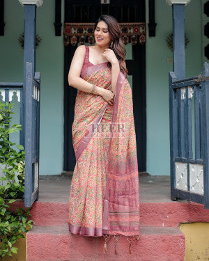 Floral digital printed linen cotton saree - 44121