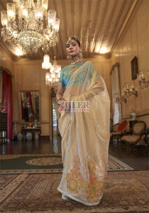 Gold soft tissue silk saree with multi thred embroidery work - 58864