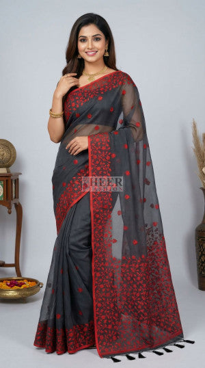 Khadi raw silk saree with jamdani weaving border - 54315